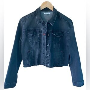 Denim jean Jacket Crop Women Size Medium Distress Black Frayed Hem Western